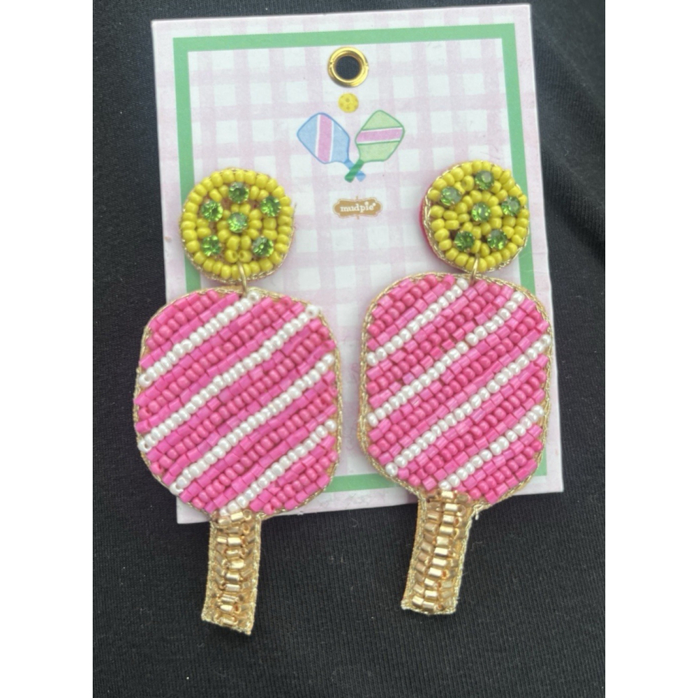 Pickle Ball Earrings Womens Beaded Post Pink Multicolor Preppy Mud‎ Pie  New